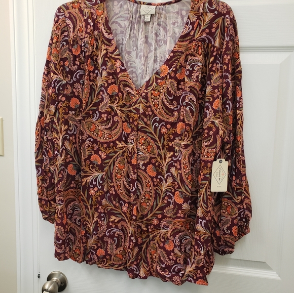 Soft, Slinky, pull over, purple, orange, paisley print tunic blouse 3X, NWT - Picture 12 of 14